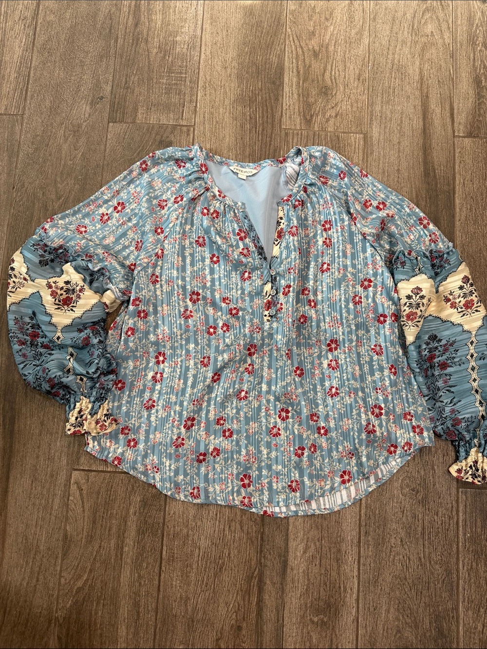 FRYE AND CO. Light Blue Floral Peasant Blouse with Red Accents